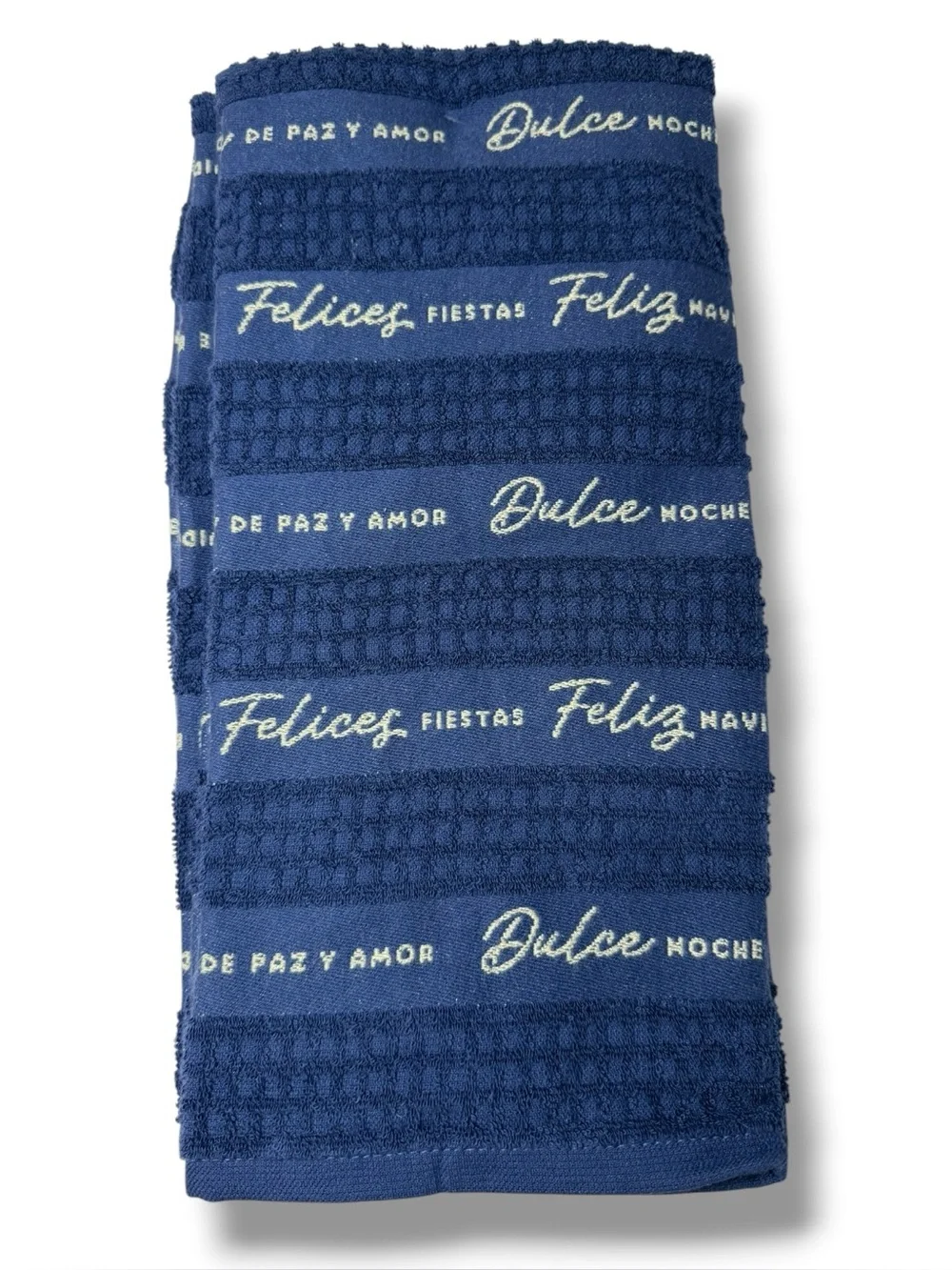 Festive Script Kitchen Towel in Navy - Holiday Waffle Weave